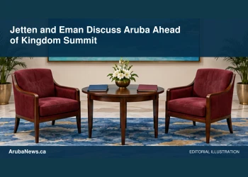 Conceptual editorial illustration of two empty diplomatic meeting chairs facing a small table with blank folders and a subtle abstract Caribbean sea artwork, soft blue and burgundy palette, symmetrical eye-level view; no portraits, flags, crests or text. Not a photograph of the actual people, documents or location.
