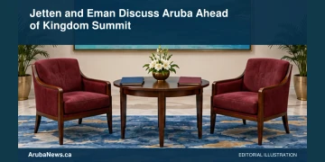 Conceptual editorial illustration of two empty diplomatic meeting chairs facing a small table with blank folders and a subtle abstract Caribbean sea artwork, soft blue and burgundy palette, symmetrical eye-level view; no portraits, flags, crests or text. Not a photograph of the actual people, documents or location.