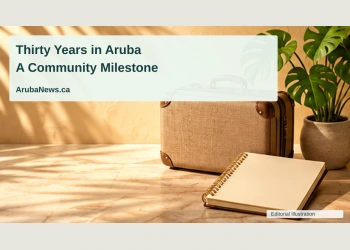 Conceptual editorial illustration of a plain closed travel case beside a blank notebook and a small tropical plant in warm island light, no passports, identity documents, people or writing; not a documentary photograph of the people, venue or event.