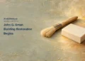 Conceptual editorial illustration of a generic conservation brush and plaster sample; not the John G. Eman building, actual restoration tools, damaged material or a proposed final design.