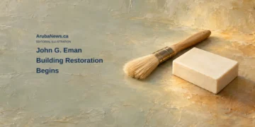 Conceptual editorial illustration of a generic conservation brush and plaster sample; not the John G. Eman building, actual restoration tools, damaged material or a proposed final design.