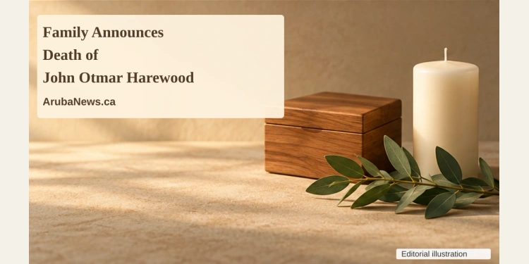 Conceptual memorial illustration of an unmarked wooden keepsake box, an unlit candle and green leaves on a sandy tabletop, with the article headline and ArubaNews.ca branding; no portrait or documentary scene.