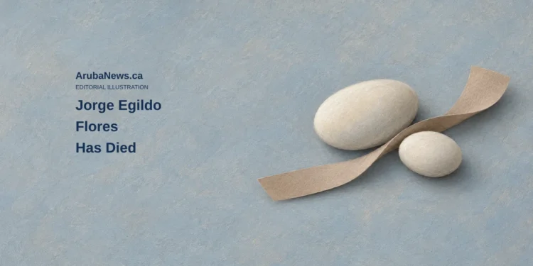 Jorge Egildo Flores Has Died Conceptual editorial illustration of two ivory stones and a curved clay-coloured paper ribbon on a blue-grey surface, with the headline Jorge Egildo Flores Has Died and ArubaNews.ca branding.