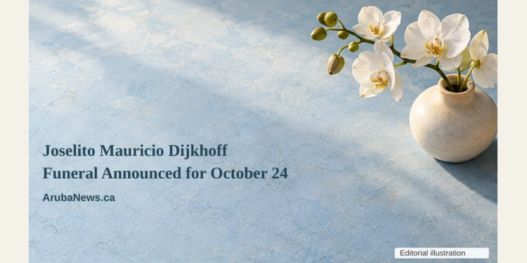 Conceptual memorial illustration of white orchids in a plain ceramic vase on a pale blue tabletop, with the article headline and ArubaNews.ca branding; not a photograph of the person or funeral.
