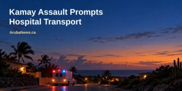 Kamay Assault Prompts Hospital Transport Conceptual editorial illustration, not the actual incident: an unmarked ambulance on a generic Caribbean road at dusk, with the Kamay assault headline and ArubaNews.ca branding.
