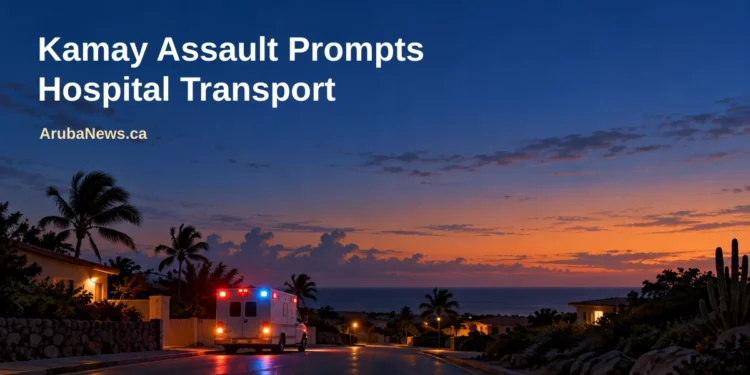 Conceptual editorial illustration, not the actual incident: an unmarked ambulance on a generic Caribbean road at dusk, with the Kamay assault headline and ArubaNews.ca branding.