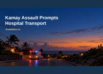 Conceptual editorial illustration, not the actual incident: an unmarked ambulance on a generic Caribbean road at dusk, with the Kamay assault headline and ArubaNews.ca branding.