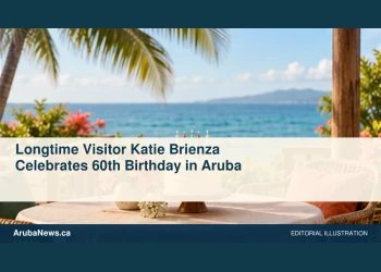 Conceptual editorial illustration: Wide sunlit conceptual still life of a modest plain birthday cake with unnumbered unlit candles, a small flower arrangement and empty chairs under palm shade overlooking the sea, coral and green palette. No people, actual hotel, lettering, numbers, logos or recognizable real venue. Not a photograph of the reported people or event.