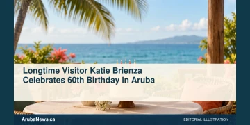 Conceptual editorial illustration: Wide sunlit conceptual still life of a modest plain birthday cake with unnumbered unlit candles, a small flower arrangement and empty chairs under palm shade overlooking the sea, coral and green palette. No people, actual hotel, lettering, numbers, logos or recognizable real venue. Not a photograph of the reported people or event.