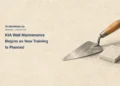 Conceptual charcoal-and-drypoint illustration of a generic masonry trowel and intact mortar sample on limestone paper; not KIA’s actual walls, tools, security layout or a new prison design.