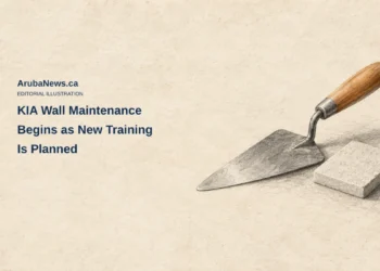 Conceptual charcoal-and-drypoint illustration of a generic masonry trowel and intact mortar sample on limestone paper; not KIA’s actual walls, tools, security layout or a new prison design.