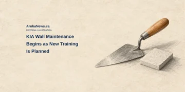 Conceptual charcoal-and-drypoint illustration of a generic masonry trowel and intact mortar sample on limestone paper; not KIA’s actual walls, tools, security layout or a new prison design.