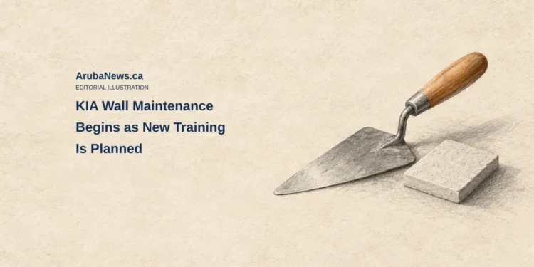 KIA Wall Maintenance Begins as New Training Is Planned Conceptual charcoal-and-drypoint illustration of a generic masonry trowel and intact mortar sample on limestone paper; not KIA’s actual walls, tools, security layout or a new prison design.