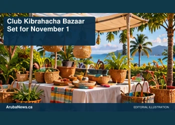 Conceptual editorial illustration: An unoccupied community craft market table with small potted plants and handmade woven objects under a simple canopy, warm tropical daylight, ochre and green palette, wide view. Not a photograph of the actual people, event or location.