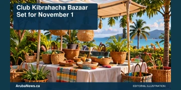 Conceptual editorial illustration: An unoccupied community craft market table with small potted plants and handmade woven objects under a simple canopy, warm tropical daylight, ochre and green palette, wide view. Not a photograph of the actual people, event or location.