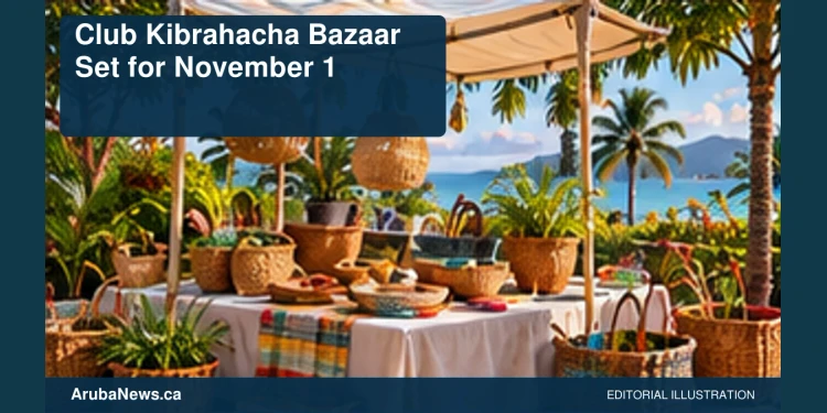 Club Kibrahacha Bazaar Set for November 1 Conceptual editorial illustration: An unoccupied community craft market table with small potted plants and handmade woven objects under a simple canopy, warm tropical daylight, ochre and green palette, wide view. Not a photograph of the actual people, event or location.