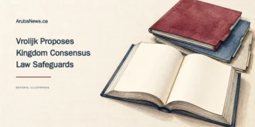 Conceptual pen-and-wash editorial illustration of a blank open book and unmarked document folders, with a Kingdom consensus-law safeguards headline and ArubaNews.ca branding.