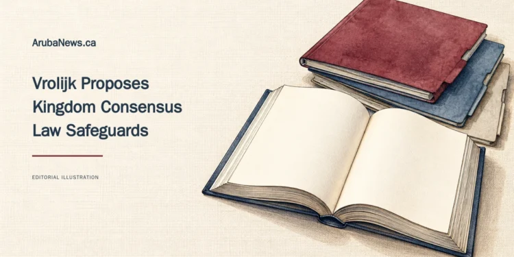 Conceptual pen-and-wash editorial illustration of a blank open book and unmarked document folders, with a Kingdom consensus-law safeguards headline and ArubaNews.ca branding.