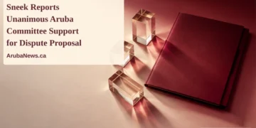 Sneek Reports Unanimous Aruba Committee Support for Dispute Proposal Conceptual illustration of three clear glass blocks beside a blank burgundy folder on ivory, not an actual parliamentary document, with the article headline, ArubaNews.ca branding and editorial-illustration label.