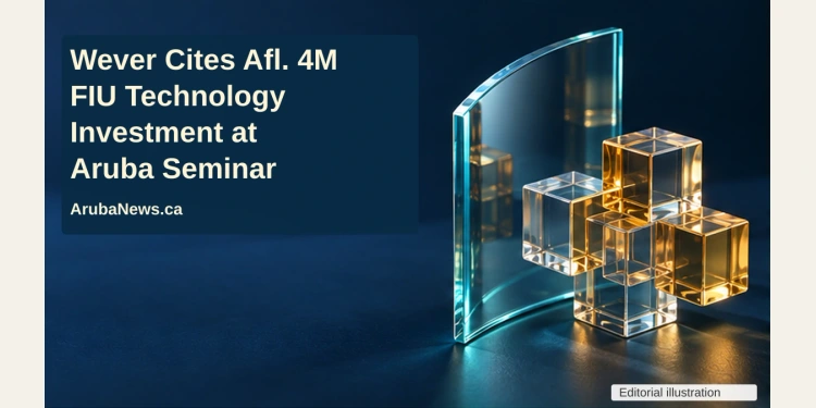 Conceptual editorial illustration of interlinked clear and gold glass cubes beside a curved glass panel on a navy surface, with the article headline and ArubaNews.ca branding.