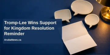 Tromp-Lee Wins Support for Kingdom Resolution Reminder Conceptual editorial illustration of three empty ceramic speech bubbles and a blank letter on a blue desk, with the Kingdom resolution reminder headline and ArubaNews.ca branding.