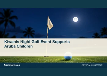 Conceptual editorial illustration: An empty golf putting green under moonlight with a generic glowing golf ball and flag with no markings, deep indigo and lime palette, low angle. Not a photograph of the actual people, event or location.