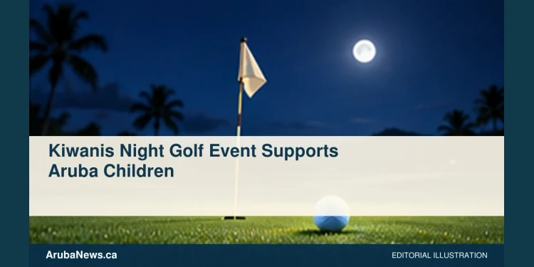 Conceptual editorial illustration: An empty golf putting green under moonlight with a generic glowing golf ball and flag with no markings, deep indigo and lime palette, low angle. Not a photograph of the actual people, event or location.