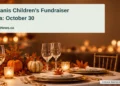 Conceptual editorial illustration of an empty formal gala table with subtle orange autumn decorations and warm amber lights, no people, logos or exact venue; not a documentary photograph of the people, venue or event.