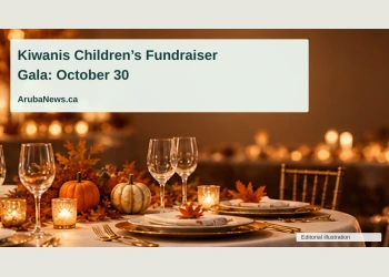 Conceptual editorial illustration of an empty formal gala table with subtle orange autumn decorations and warm amber lights, no people, logos or exact venue; not a documentary photograph of the people, venue or event.