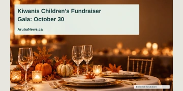 Kiwanis Plans October 30 Gala to Support Aruba Children Conceptual editorial illustration of an empty formal gala table with subtle orange autumn decorations and warm amber lights, no people, logos or exact venue; not a documentary photograph of the people, venue or event.