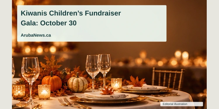 Conceptual editorial illustration of an empty formal gala table with subtle orange autumn decorations and warm amber lights, no people, logos or exact venue; not a documentary photograph of the people, venue or event.