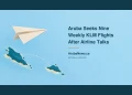 Conceptual editorial illustration of a paper airplane and abstract island route on blue paper; not an actual aircraft, route map or airline meeting photograph.