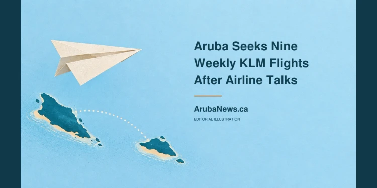 Conceptual editorial illustration of a paper airplane and abstract island route on blue paper; not an actual aircraft, route map or airline meeting photograph.