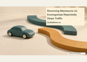 Conceptual miniature illustration of a generic model car and two separate curved road shapes, not the actual vehicle or junction, with the article headline, ArubaNews.ca branding and editorial-illustration label.