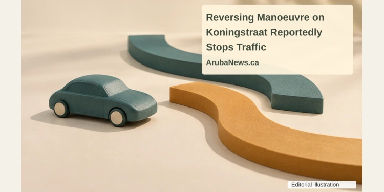 Reversing Manoeuvre on Koningstraat Reportedly Stops Traffic Conceptual miniature illustration of a generic model car and two separate curved road shapes, not the actual vehicle or junction, with the article headline, ArubaNews.ca branding and editorial-illustration label.