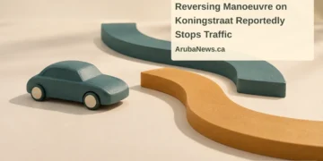 Conceptual miniature illustration of a generic model car and two separate curved road shapes, not the actual vehicle or junction, with the article headline, ArubaNews.ca branding and editorial-illustration label.