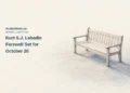 Conceptual editorial illustration of an empty generic wooden bench on a simple surface; not the actual funeral venue, ceremony or personal belongings.