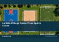 Conceptual editorial illustration: A conceptual geometric overhead view of three empty school sports spaces with basketball, volleyball and football markings, green and blue palette, bright sunlight. Not a photograph of the actual people, event or location.