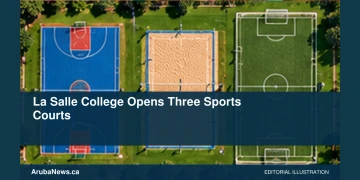 La Salle College Opens Three Sports Courts Conceptual editorial illustration: A conceptual geometric overhead view of three empty school sports spaces with basketball, volleyball and football markings, green and blue palette, bright sunlight. Not a photograph of the actual people, event or location.