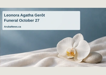 Editorial memorial illustration of a white orchid and a pale stone on fabric; not a photograph of Leonora Agatha Gerôt or the funeral venue.