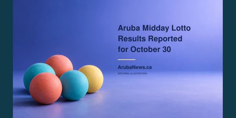 Conceptual editorial illustration of blank colorful spheres on a blue-lavender surface for Aruba midday lottery results; not an actual draw photograph.