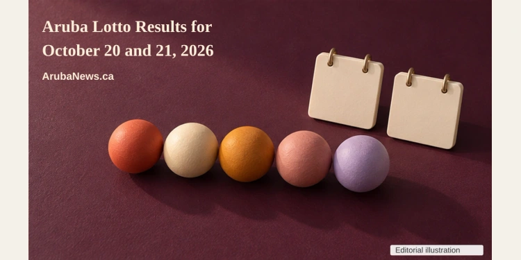 Conceptual illustration of five blank colored wooden spheres and two blank calendar tiles on a plum desk, not actual lottery results, with the article headline, ArubaNews.ca branding and editorial-illustration label.