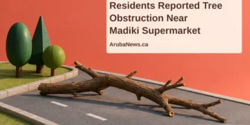 Editorial illustration of a wooden branch across a miniature road beside model trees, with the article headline and ArubaNews.ca branding; not a photograph of Madiki.
