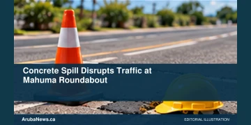 Concrete Spill Disrupts Traffic at Mahuma Roundabout Conceptual editorial illustration: A generic road-maintenance still life of a plain construction cone and unmarked hard hat near a small neutral gray concrete patch on an empty roadway, clear afternoon light, orange and gray palette. Not a photograph of the actual people, event or location.