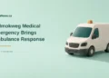 Conceptual editorial illustration of an unmarked ceramic emergency-transport van model on mint green, with the Malmokweg headline; not the actual vehicle, woman or incident.