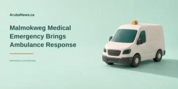 Malmokweg Medical Emergency Brings Ambulance Response Conceptual editorial illustration of an unmarked ceramic emergency-transport van model on mint green, with the Malmokweg headline; not the actual vehicle, woman or incident.