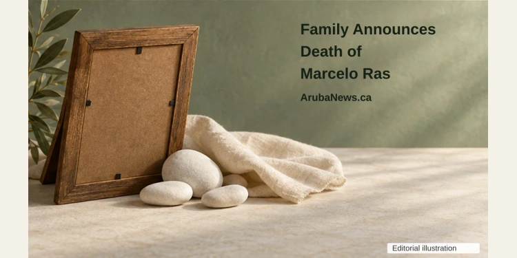Family Announces Death of Marcelo Ras Conceptual memorial illustration of the plain back of an empty wooden frame, white pebbles and folded linen, with the article headline and ArubaNews.ca branding; no portrait of Marcelo Ras.