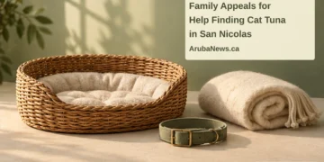 Conceptual editorial illustration of an empty wicker pet basket, plain collar and rolled blanket, with the article headline and ArubaNews.ca branding; not a photograph of missing cat Tuna.