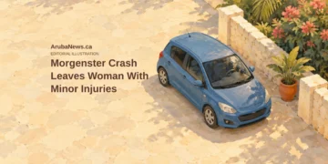 Conceptual editorial illustration of a generic compact car near a low garden boundary in a Caribbean neighbourhood; not a photograph of the actual crash.