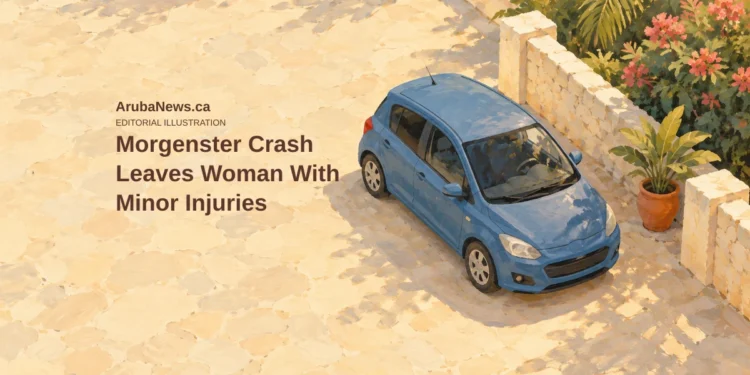 Morgenster Crash Leaves Woman With Minor Injuries Conceptual editorial illustration of a generic compact car near a low garden boundary in a Caribbean neighbourhood; not a photograph of the actual crash.